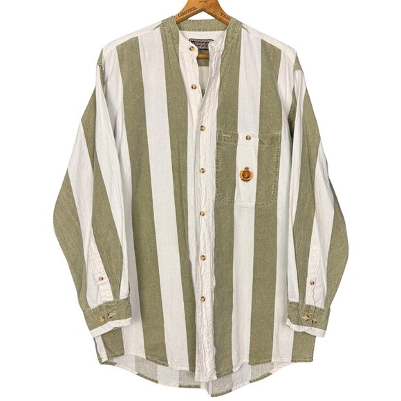 Vintage 90s Green White Stripe Cotton Shirt Preppy Button Down Coastal Grandpa - Picture 1 of 10